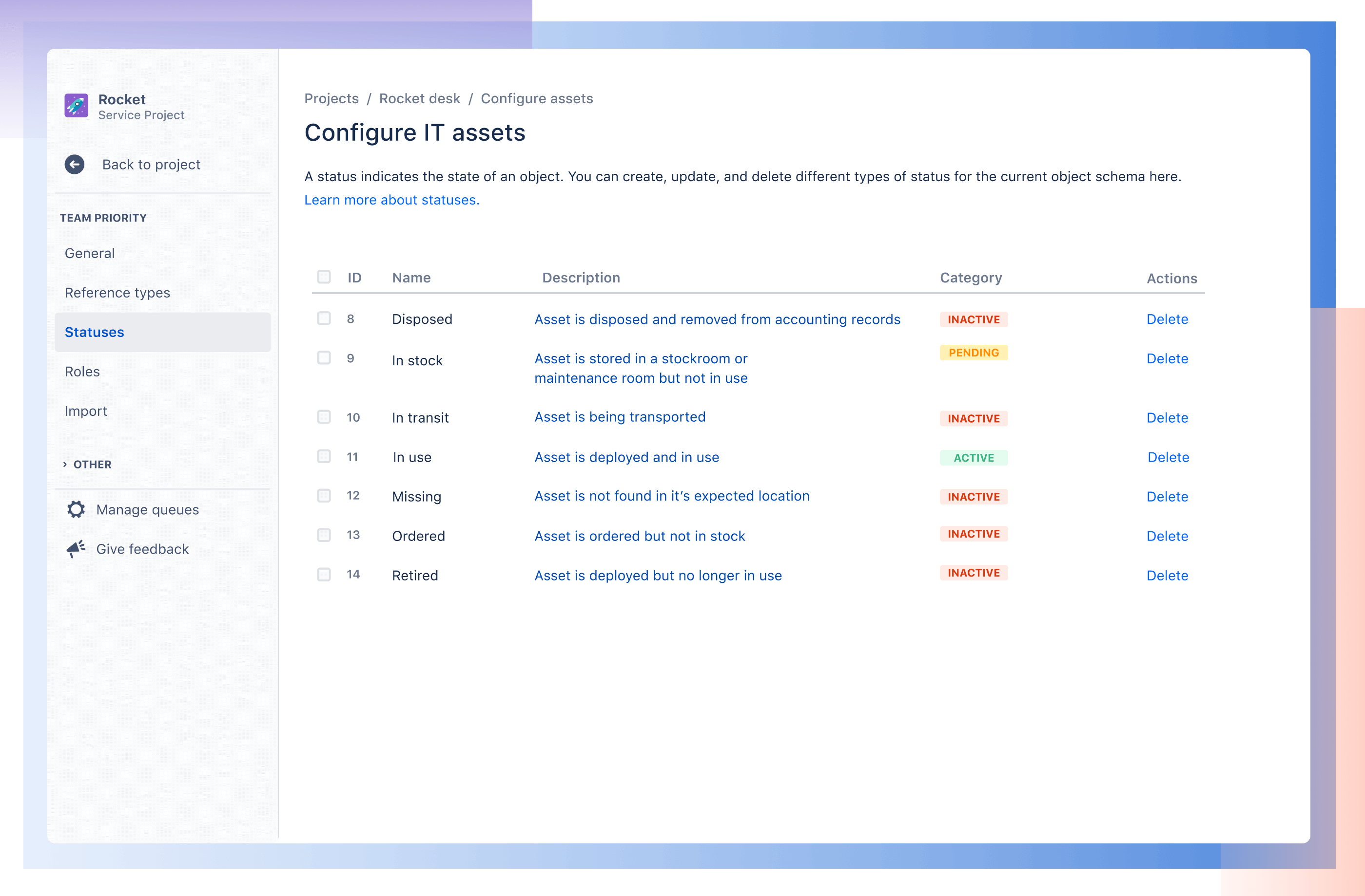 在 Jira Service Management 中配置 IT 资产仪表板。该表格显示了资产 ID、名称和描述。