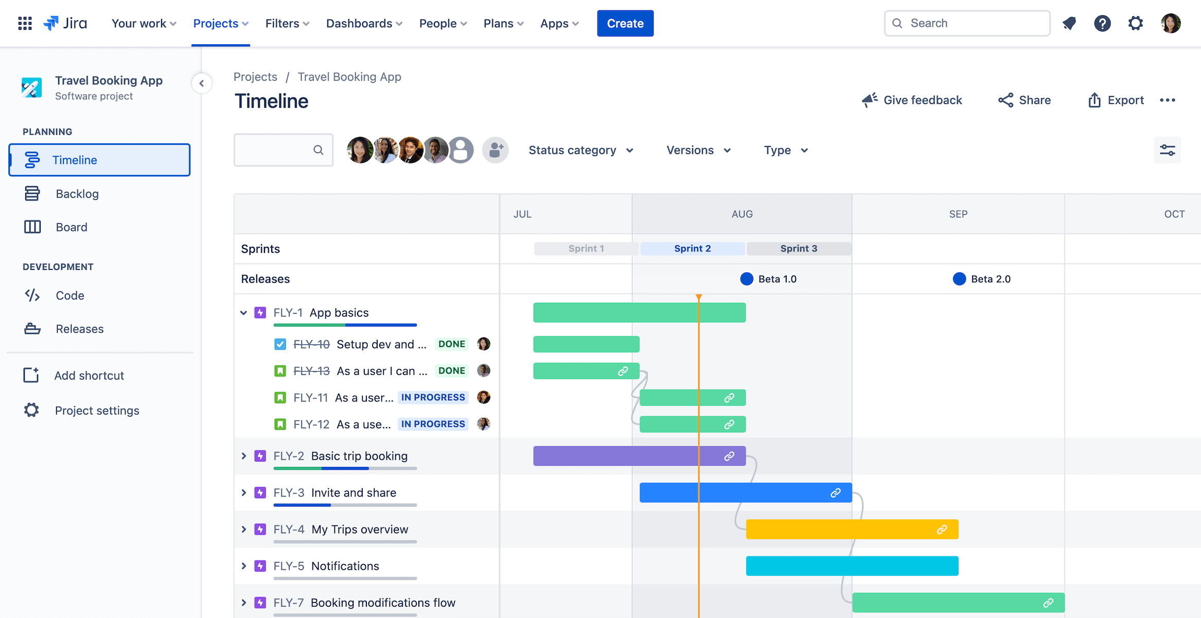 Visualização do cronograma no Jira Software mostrando vários epics em andamento