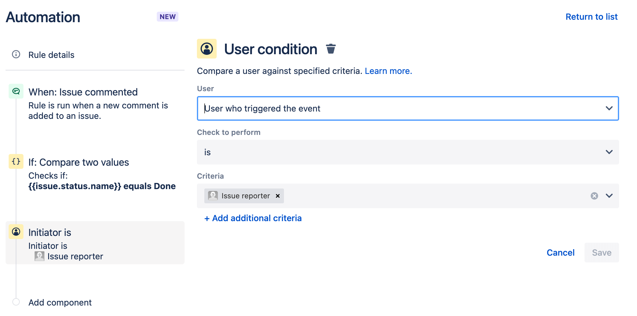 Définition d'une condition utilisateur pour Automation dans Jira Service Management
