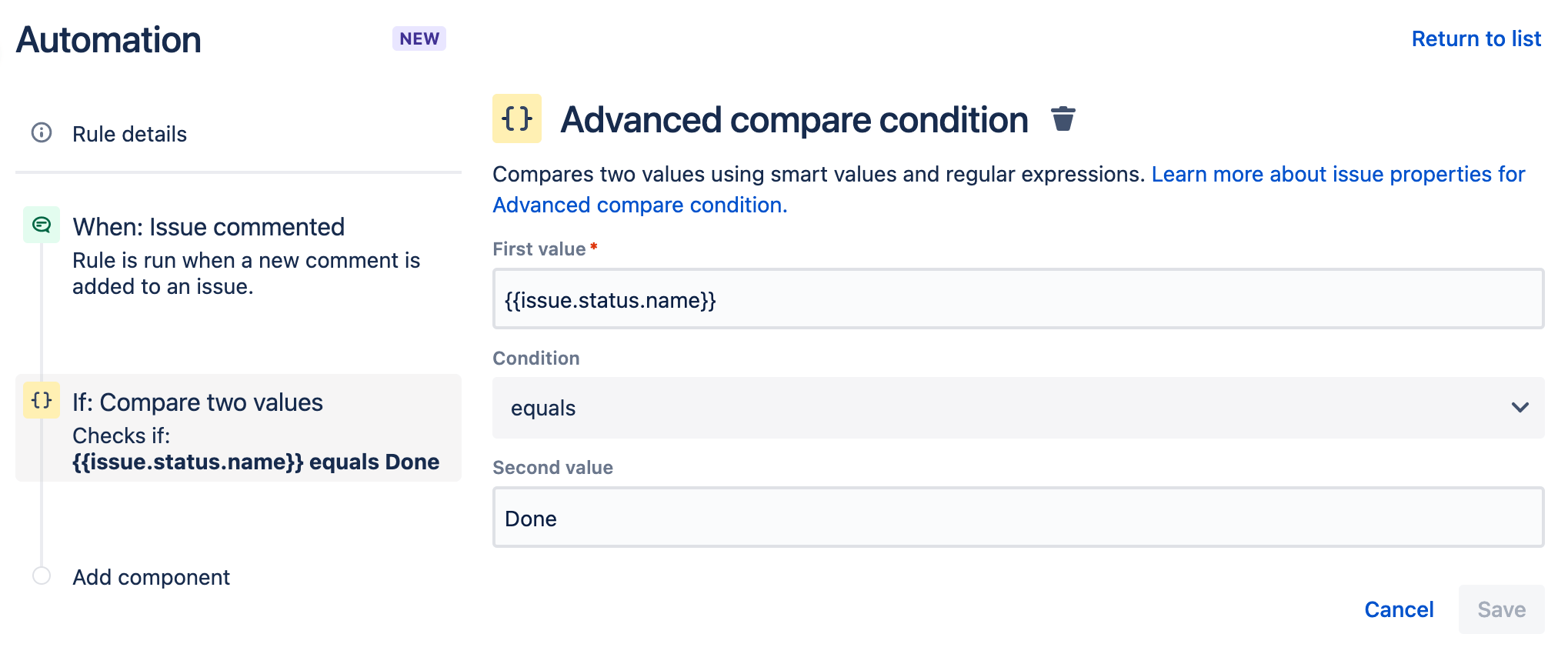 Condition de comparaison avancée pour Automation dans Jira Service Management