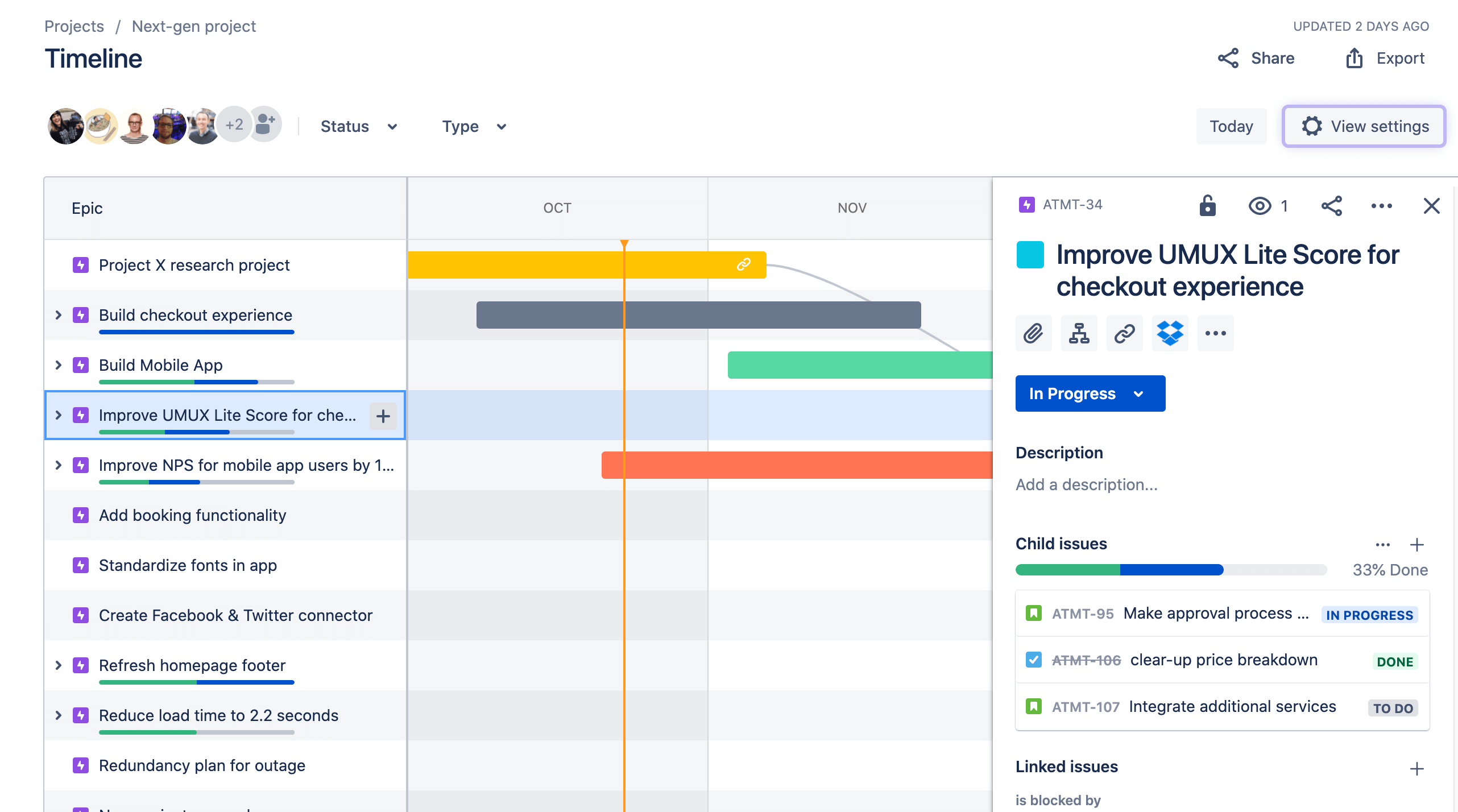 Exibição dos dados do item de um epic na visualização do cronograma no Jira Software