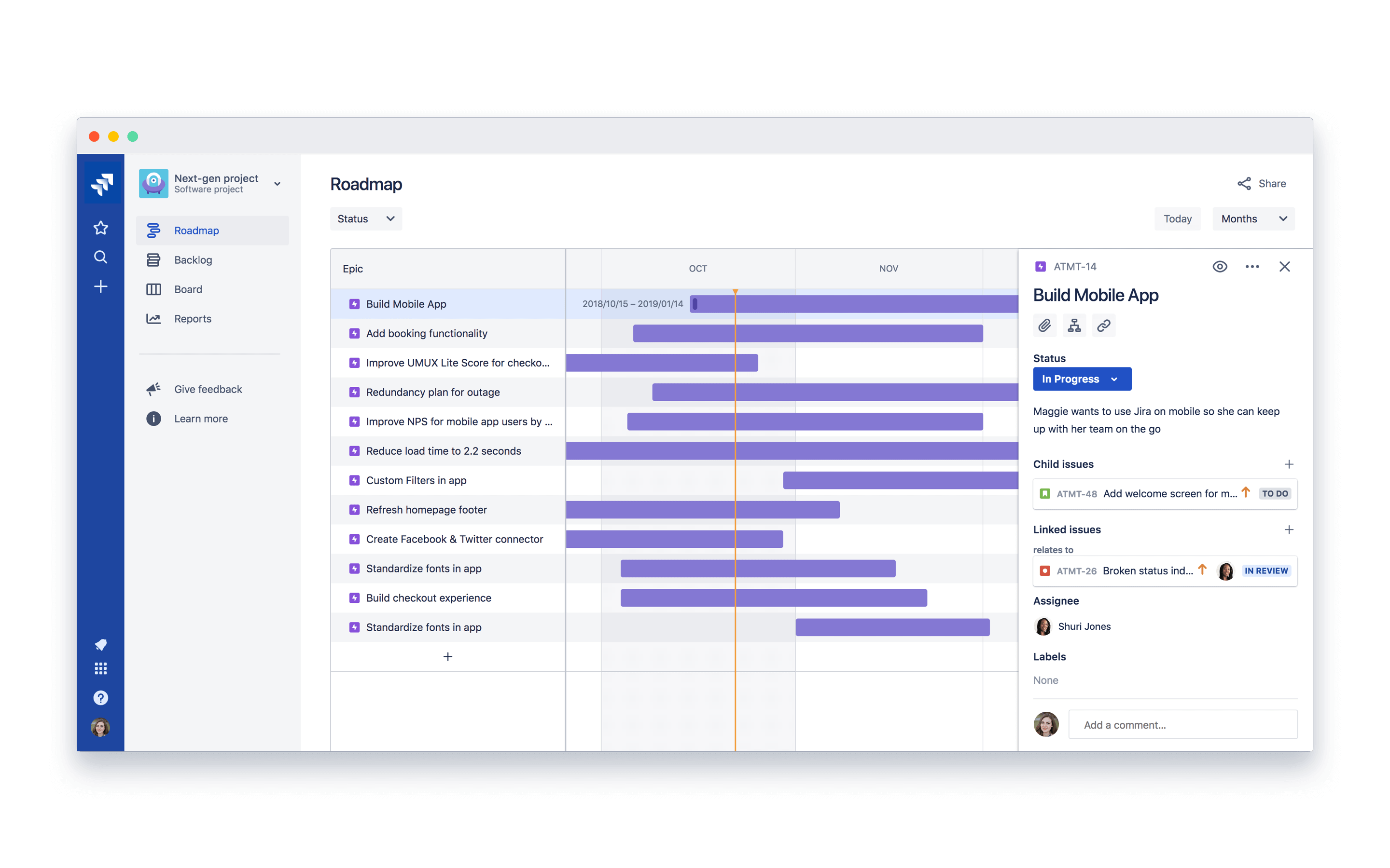 Una roadmap di prodotto con task di sviluppo dettagliati.